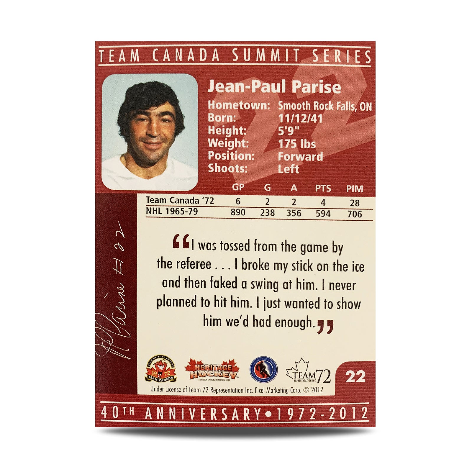 JP Parise #22 Carte officielle signée du 40e anniversaire de l'équipe Canada 1972