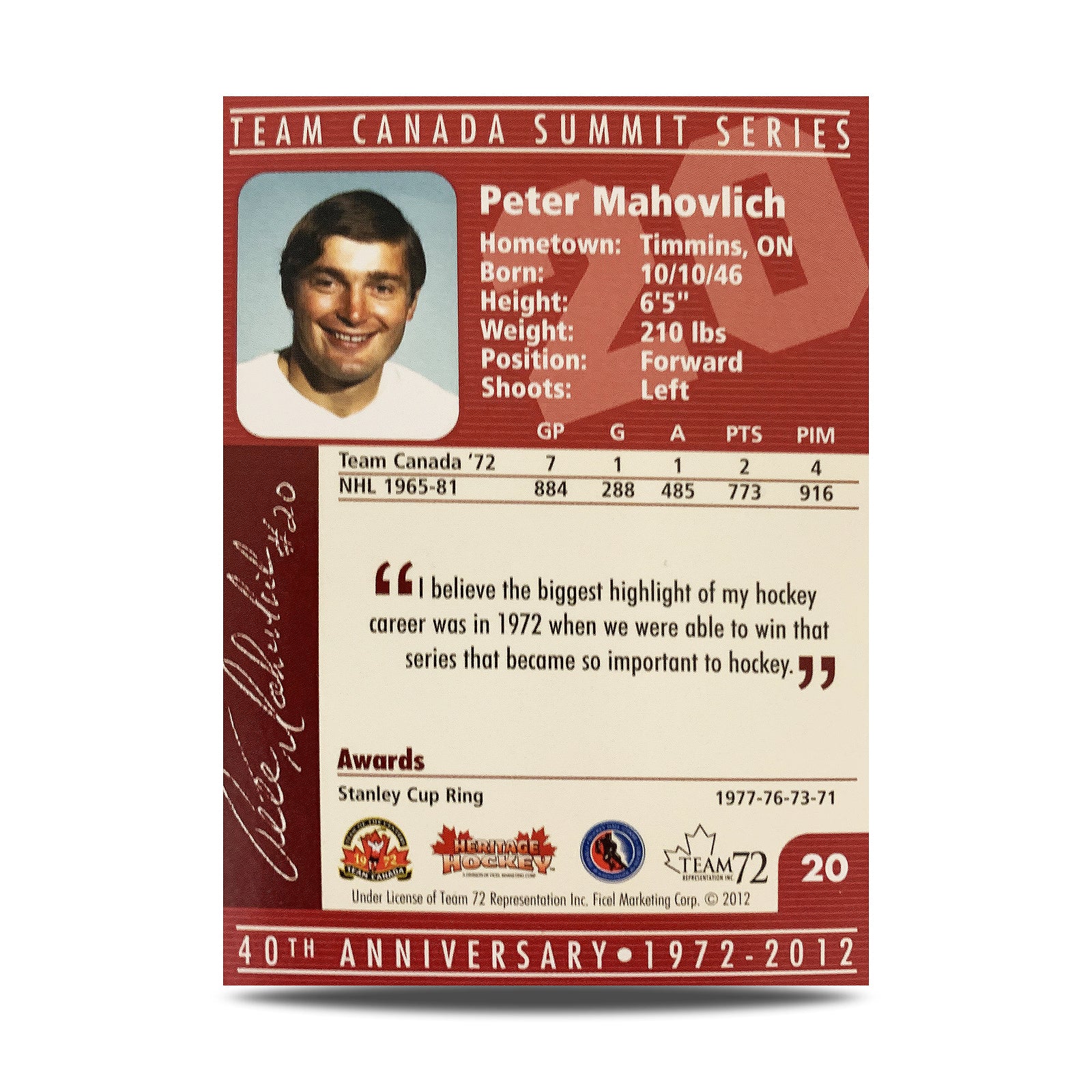 Peter Mahovlich #20 Carte officielle signée du 40e anniversaire d'Équipe Canada 1972