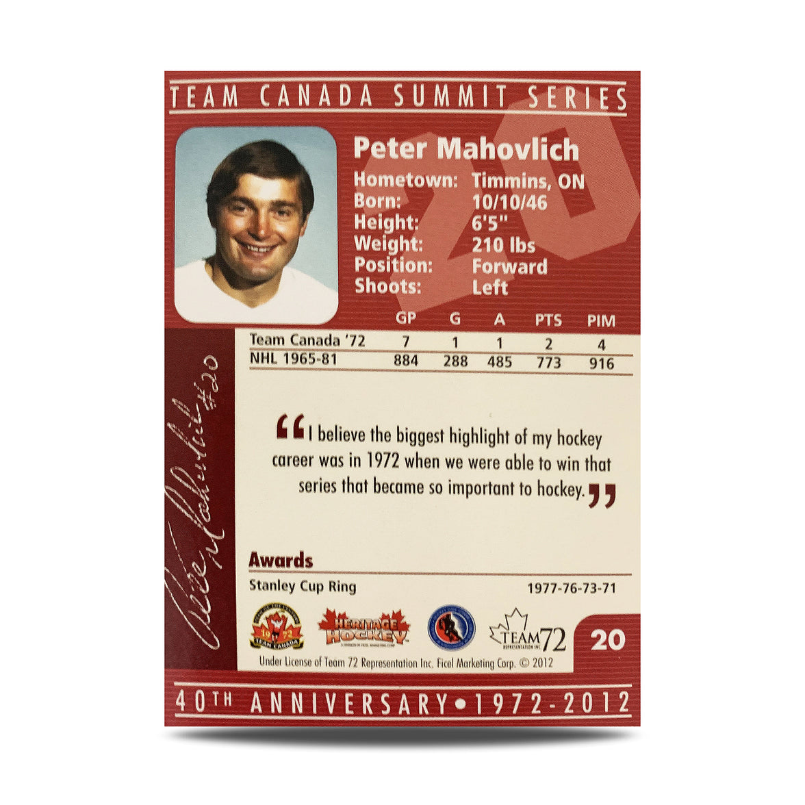 Peter Mahovlich #20 Carte officielle signée du 40e anniversaire d'Équipe Canada 1972