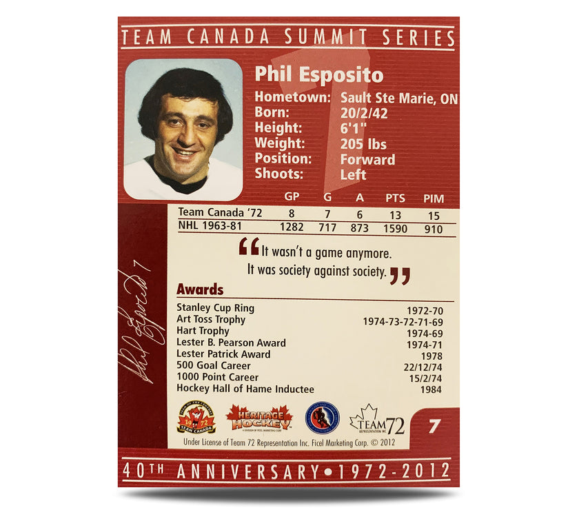 Phil Esposito #7 Signed Official 40th Anniversary Team Canada 1972 Card