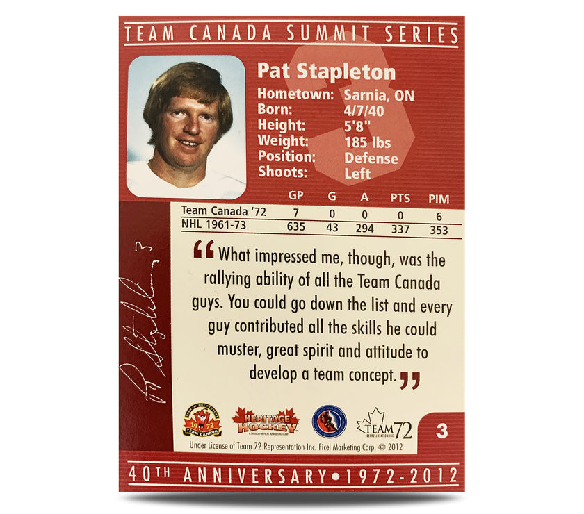 Tarjeta oficial firmada por el equipo de Canadá del 40.° aniversario de 1972, número 3 de Pat Stapleton