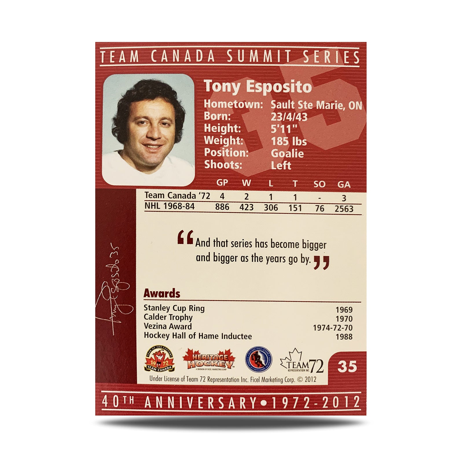 Tony Esposito #35 Carte officielle signée du 40e anniversaire de l'équipe Canada 1972