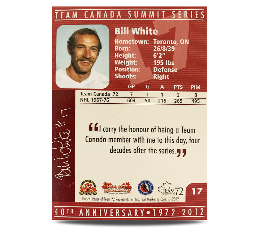 Tarjeta oficial firmada por Bill White n.° 17 del equipo de Canadá por el 40.° aniversario de 1972