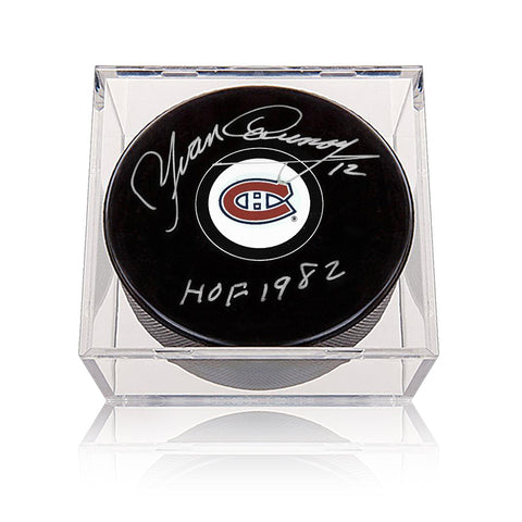 Yvan Cournoyer Signed Montreal Canadiens Puck with HOF 1982 Note