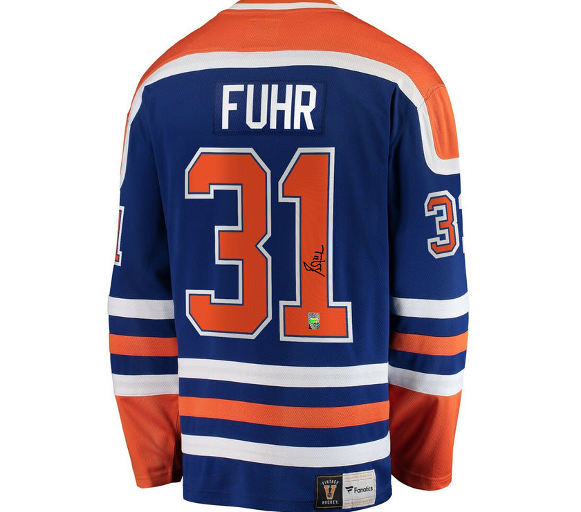 Camiseta vintage de los Edmonton Oilers firmada por Grant Fuhr