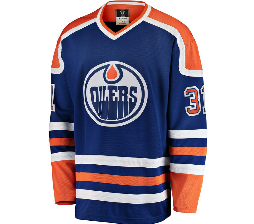 Camiseta vintage de los Edmonton Oilers firmada por Grant Fuhr