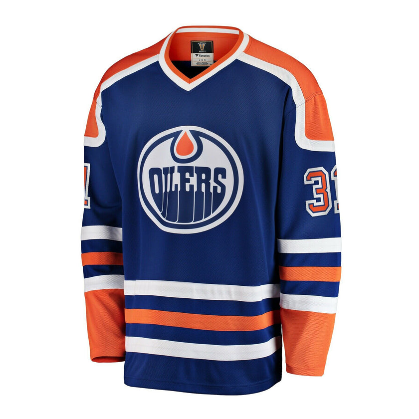 Camiseta vintage de los Edmonton Oilers firmada por Grant Fuhr