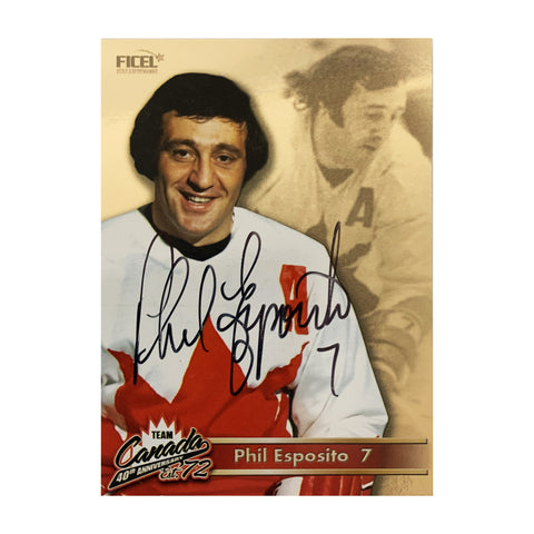 Tarjeta oficial firmada por Phil Esposito #7 del equipo de Canadá del 40.° aniversario de 1972