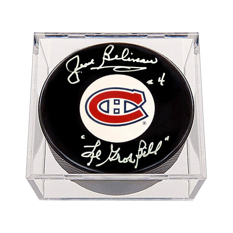 Jean Beliveau Signed Montreal Canadiens Puck with Le Gros Bill Note