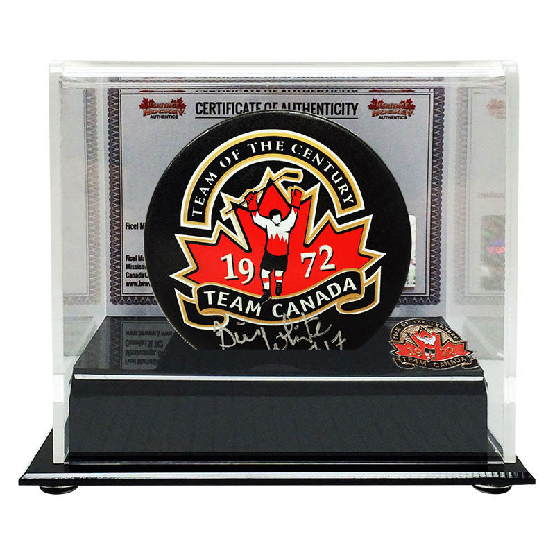 Bill White Signed Team Canada 1972 Puck with Display Case