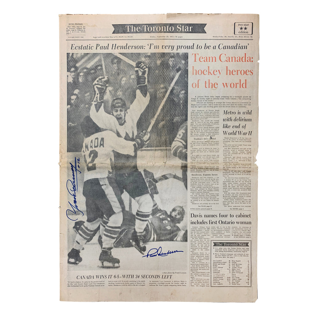 Paul Henderson & Yvan Cournoyer Signed Original September 29, 1972 Toronto Star Newspaper